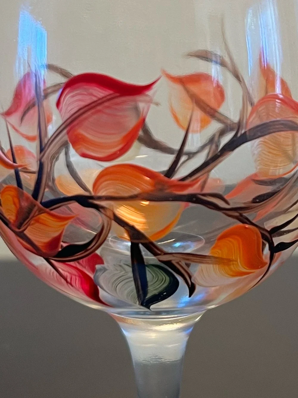 Vintage Hand Painted Autumn Leaves Wine Glasses Goblets Botanical Set of 4